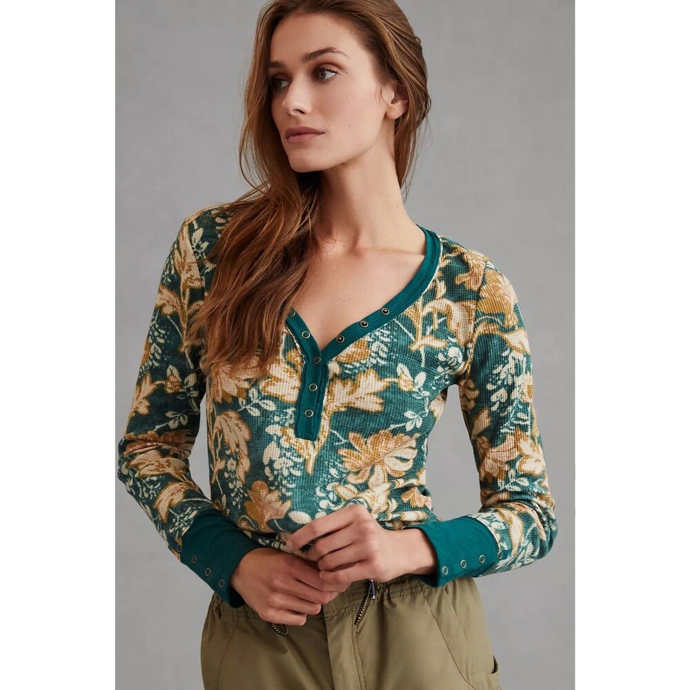 Pilcro Anthropologie Waffle Knit Floral Henley Top Womens large green yellow